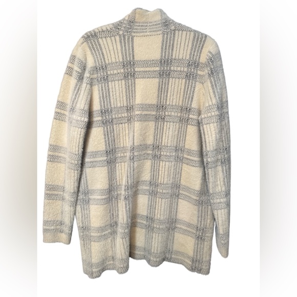 Cyrus Plaid Fuzzy Open Front Cardigan Sweater XL Gray Cream - Picture 2 of 9